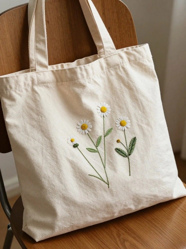 Cream canvas tote bag with white daisy embroidery, yellow centers, and green stems and leaves on the front, hanging on a wooden chair.