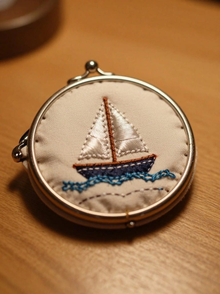 A small circular metal frame holds embroidered fabric with a white sailboat on blue waves against beige background.