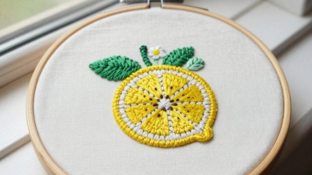 Small embroidery hoop on white fabric featuring a detailed yellow lemon slice with green leaf.