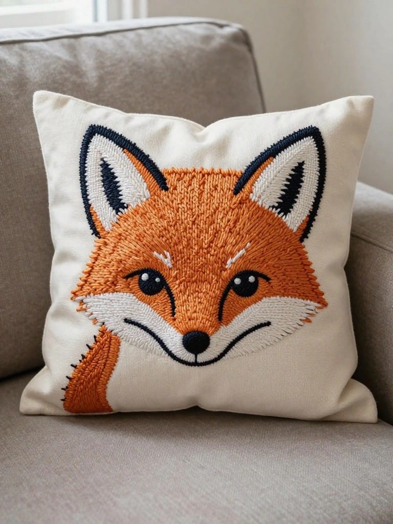 Cream square pillow embroidered with an orange fox face, black outlines, and ears on a gray couch.