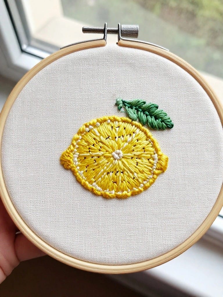 Small embroidery hoop on white fabric featuring a detailed yellow lemon slice with green leaf.