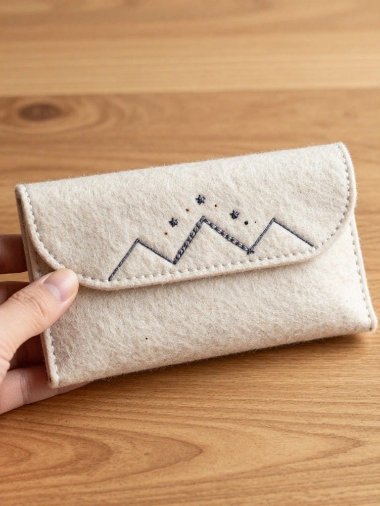 A beige felt bifold wallet with dark thread embroidery of mountains and stars on the front flap, held open over a wooden table.
