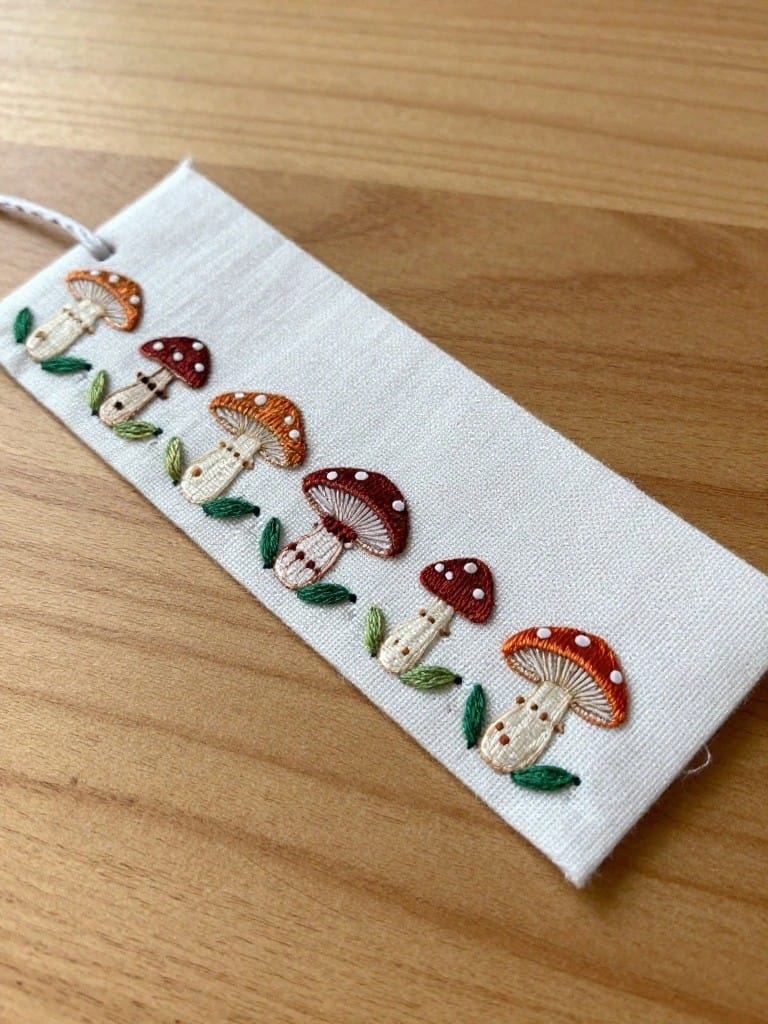 White fabric bookmark embroidered with a horizontal row of colorful mushrooms in reds and oranges plus green leaves on a wooden surface.