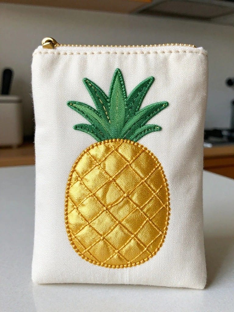 White fabric zip pouch embroidered with a green-topped yellow pineapple centered on the front.