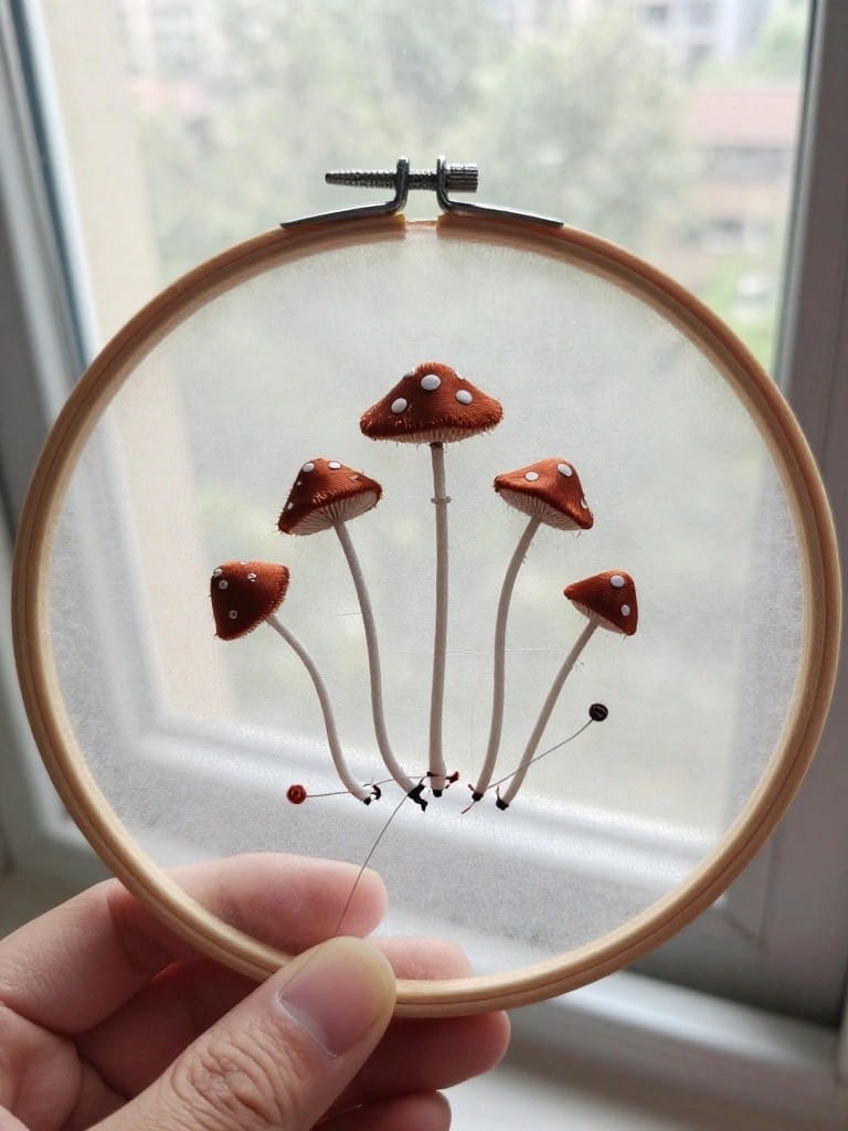 Embroidery hoop holding sheer fabric with five red spotted mushrooms on white stems against a window.