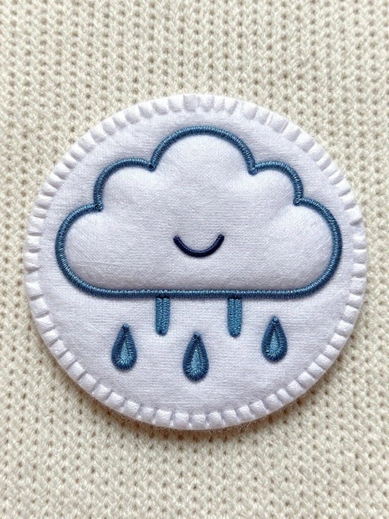 White circular embroidered patch featuring a smiling cloud with blue raindrop accents sewn onto beige knitted fabric.