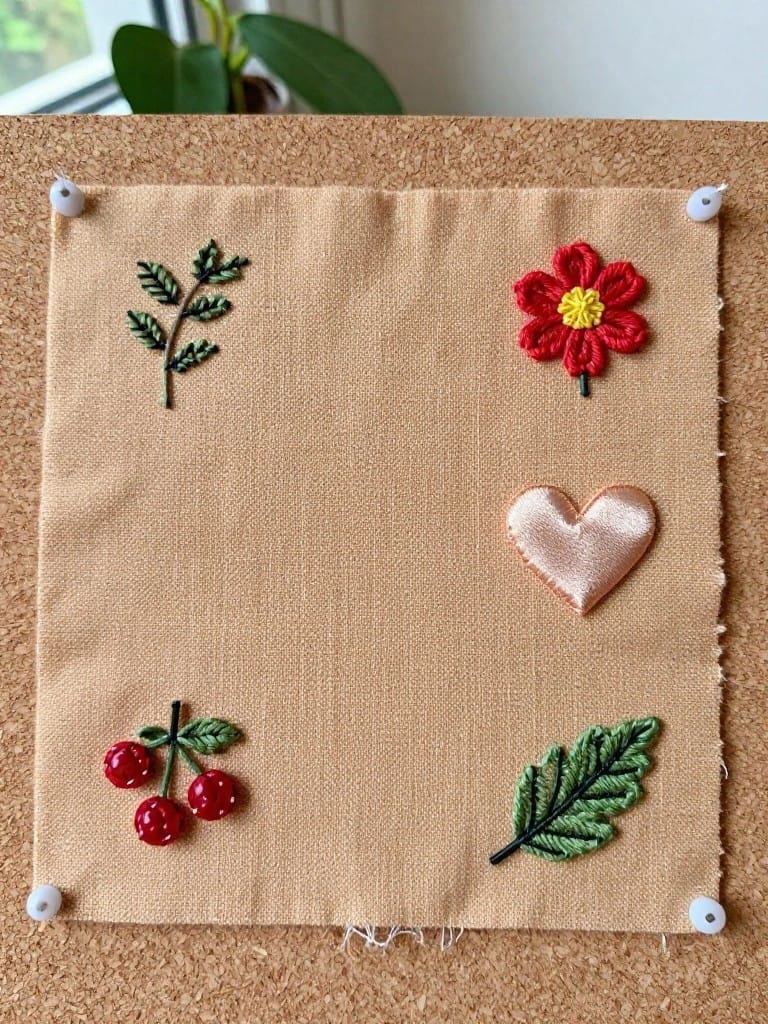 Beige fabric square pinned to corkboard with embroidered red cherries, green leaves, red flower, and pink satin heart.