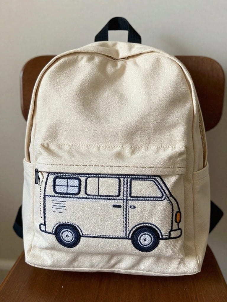 Cream canvas backpack with navy-outlined white VW camper van embroidery on the front pocket.
