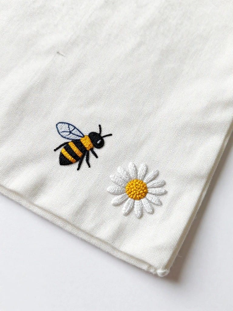 White fabric corner with embroidered black-and-yellow bumblebee and white daisy with yellow center.