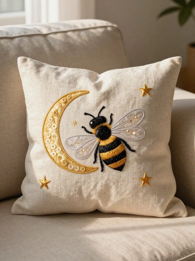 Cream fabric pillow embroidered with black-and-yellow bee, gold sequin-edged crescent moon with beads, and small gold stars.