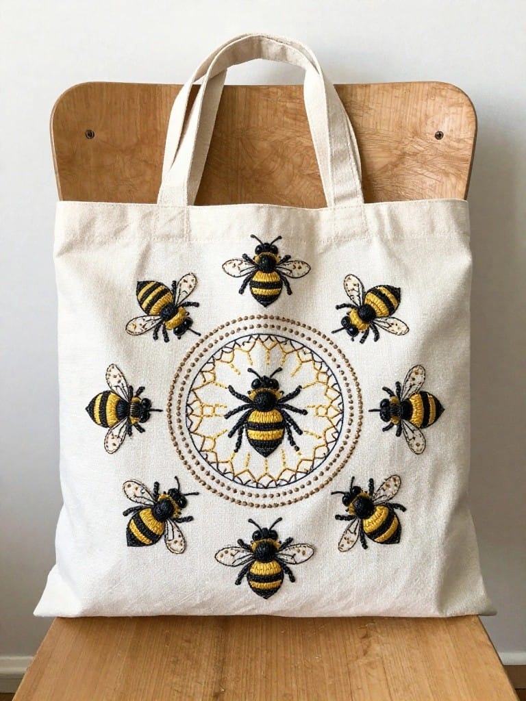 White canvas tote bag with black, yellow, and gold embroidered bees arranged in a circular mandala on the front, draped over a wooden chair.