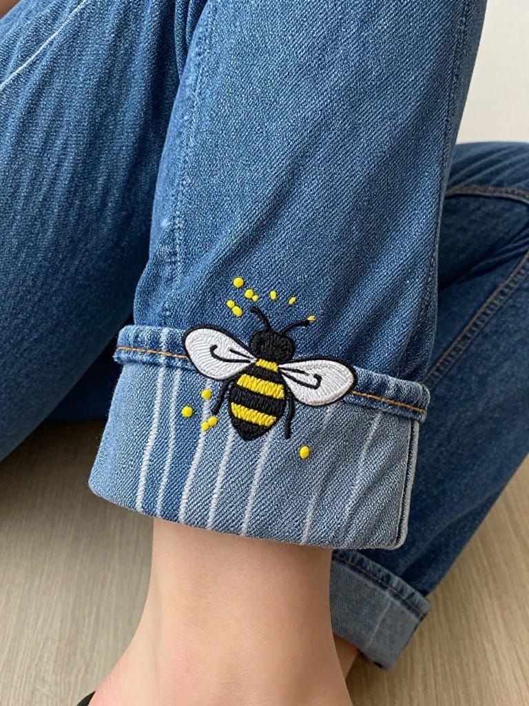 Blue jeans cuff embroidered with a yellow and black bee near the ankle.