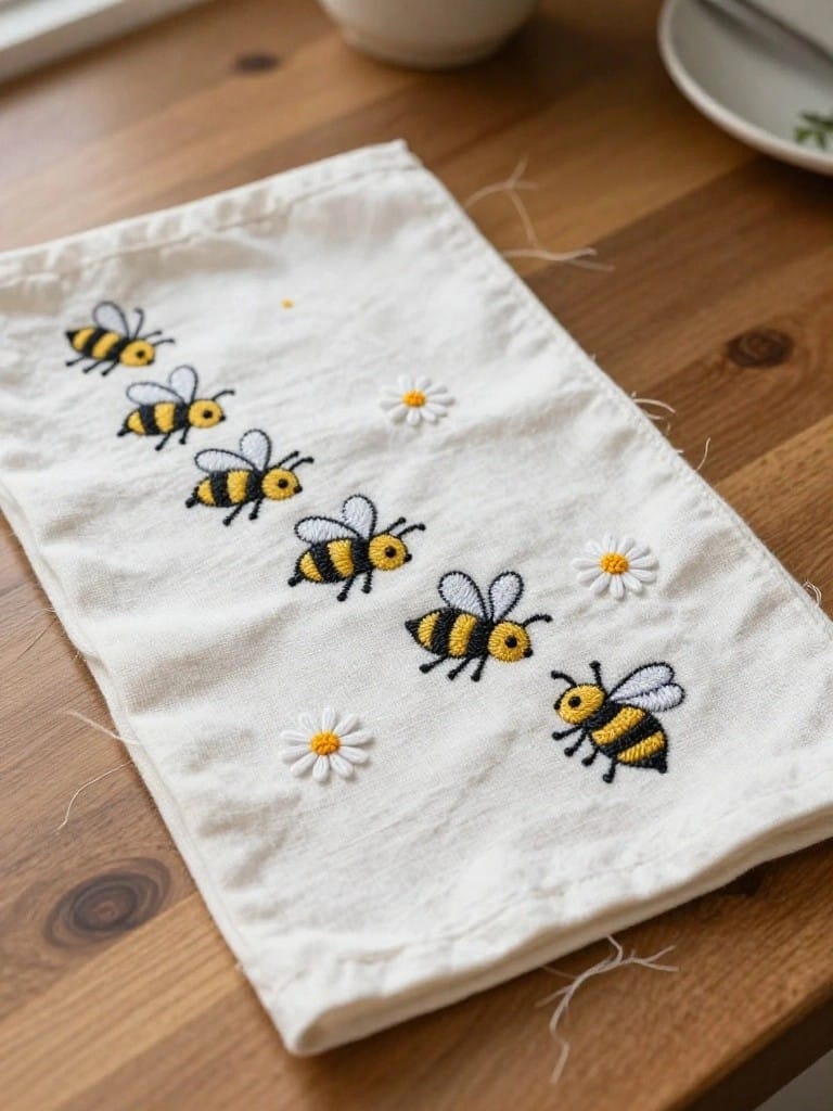 White rectangular fabric with a horizontal row of yellow and black embroidered bees and scattered white daisies, on a wooden table.