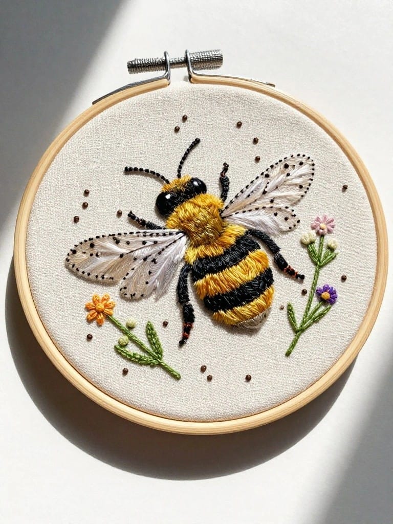 Embroidery hoop with a detailed yellow-and-black bumblebee, spread wings, and surrounding small flowers on white fabric.