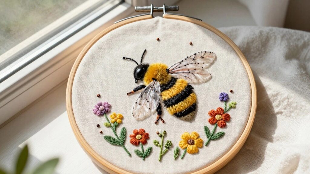 Embroidery hoop with a detailed yellow-and-black bumblebee, spread wings, and surrounding small flowers on white fabric.