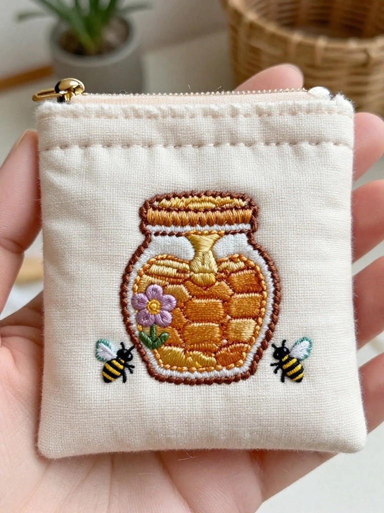 Small white fabric zipper pouch embroidered with orange honey jar, honeycomb, two bees, and purple flower.