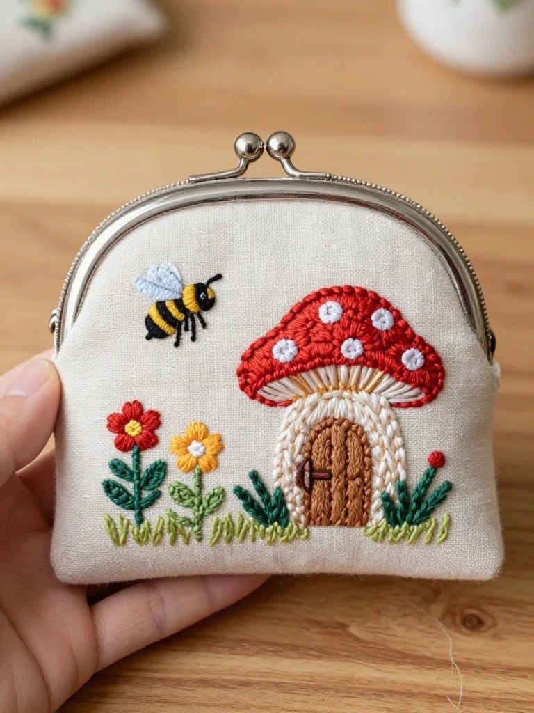 Hand holding a small cream fabric coin purse embroidered with a bee, red spotted mushroom house with door, and flowers, on a wooden table with a white vase nearby.