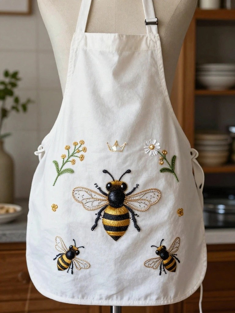 White apron with black and gold embroidery of a central crowned bee, three smaller bees, leaves, daisies, and dots on the front bib.