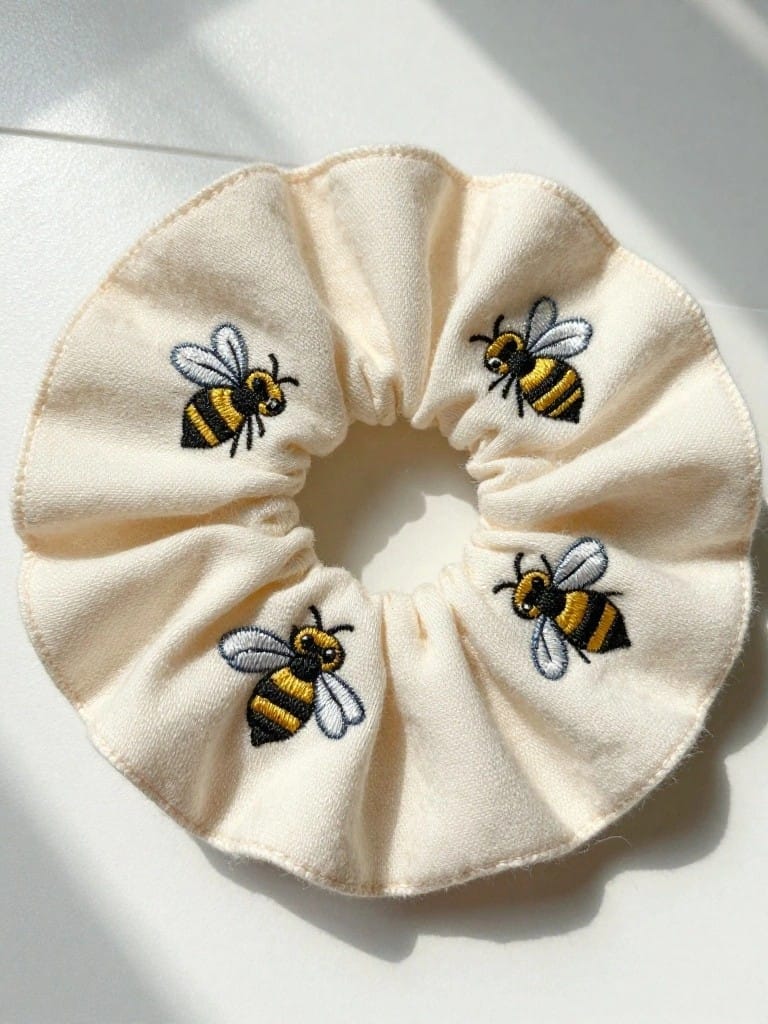 Cream fabric scrunchie embroidered with yellow and black bees spaced evenly around the gathered circle.