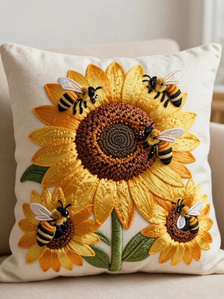 Cream fabric pillow cover embroidered with a large central sunflower surrounded by two smaller sunflowers, green leaves, and multiple bees on yellow petals.