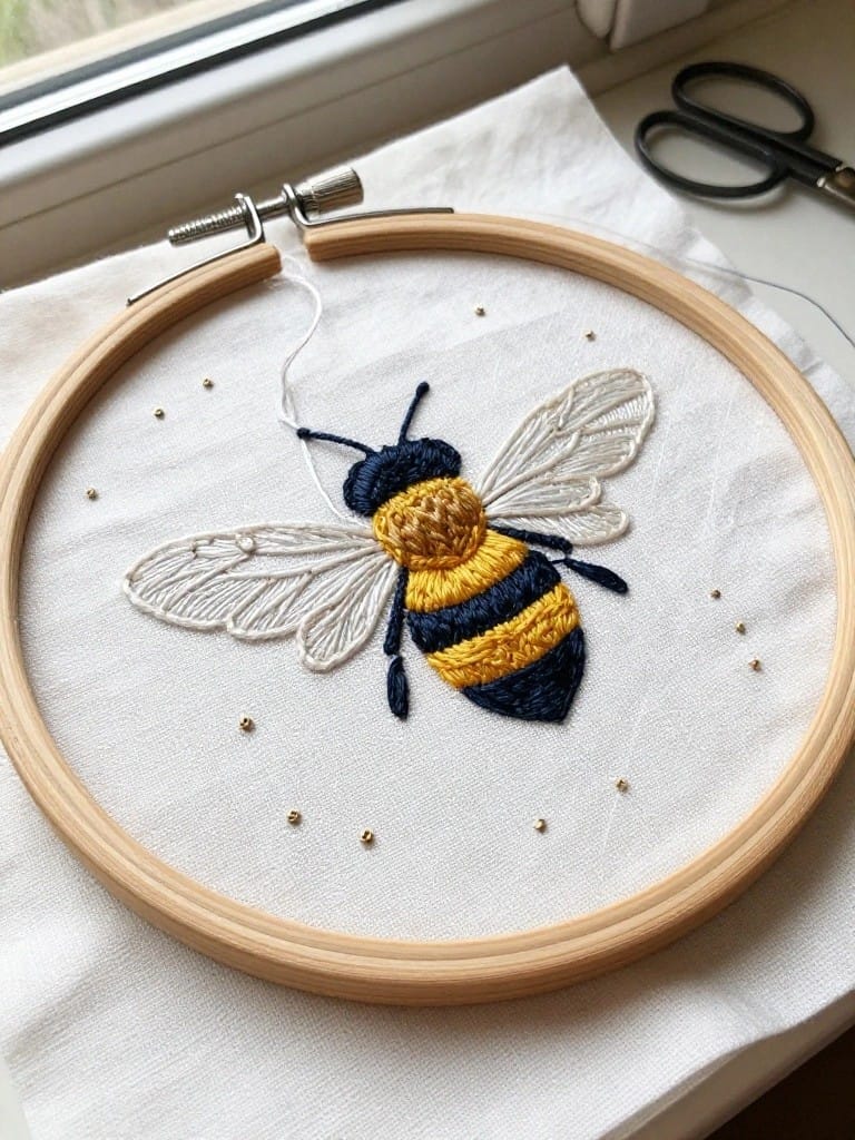 Embroidery hoop holding white fabric with a central navy and yellow bumblebee, white wings, gold dots around it, on a table with scissors and cloth.