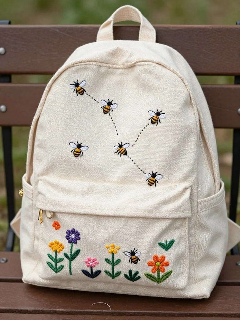 A beige canvas backpack with embroidered yellow bees flying in a dotted-line trail across the back panel and small colorful flowers along the bottom.