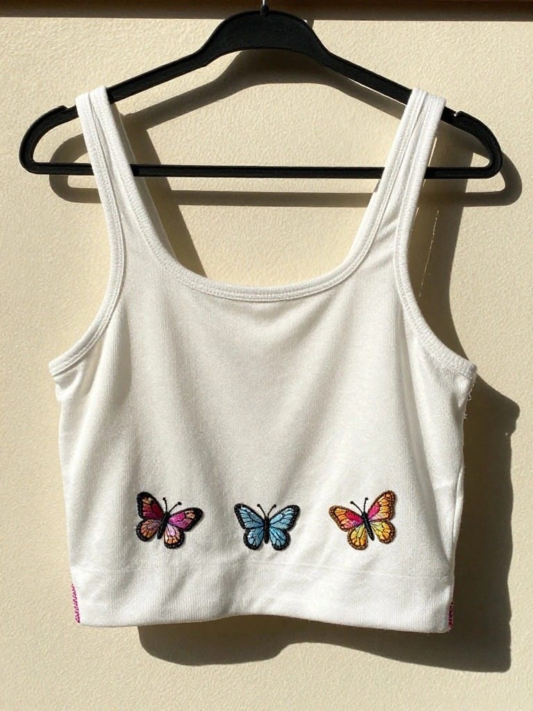 White tank top hanging on a hanger with three embroidered butterflies in pink, blue, and orange across the lower front hem.