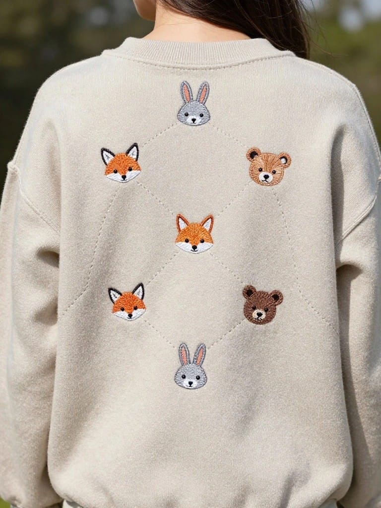 Back view of a beige sweater with small embroidered fox, bear, and rabbit faces connected by lines in a symmetrical geometric pattern across the upper back.