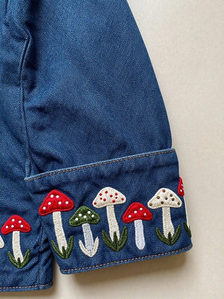 Close-up of a row of embroidered mushrooms with grass details on the cuff edge of a blue denim sleeve.