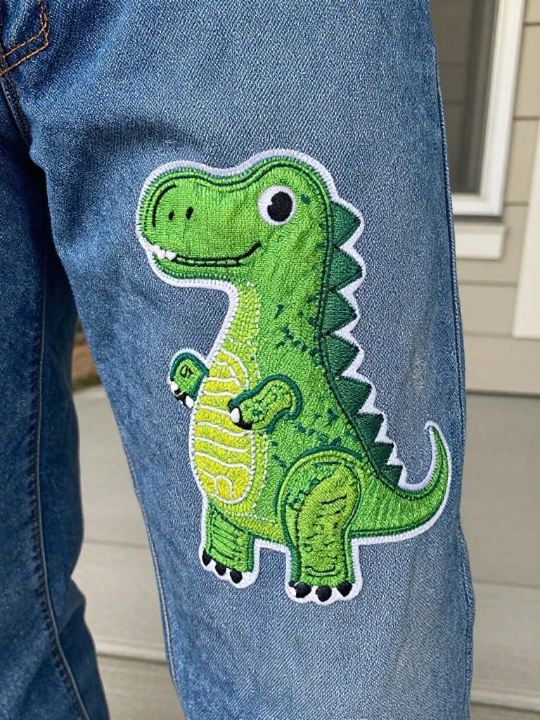 Close-up of a green embroidered T-Rex dinosaur patch on the thigh of blue jeans.