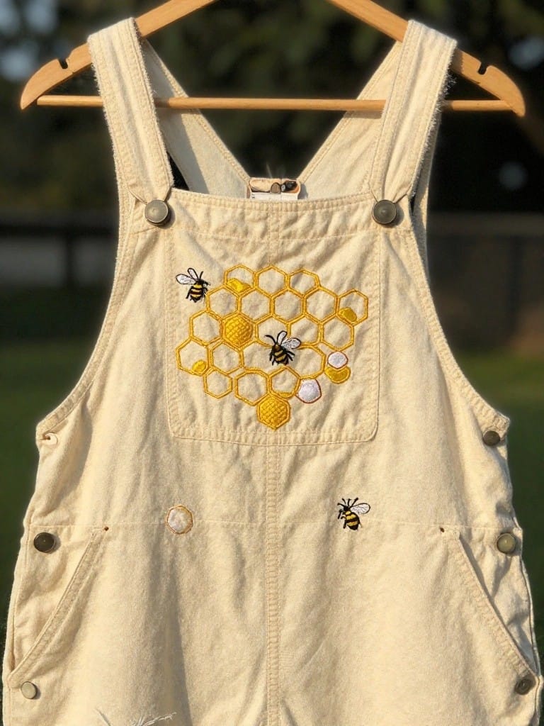 Cream overalls with yellow honeycomb, black-and-yellow bees, and white dots embroidered on the front bib, hanging on a wooden hanger outdoors.