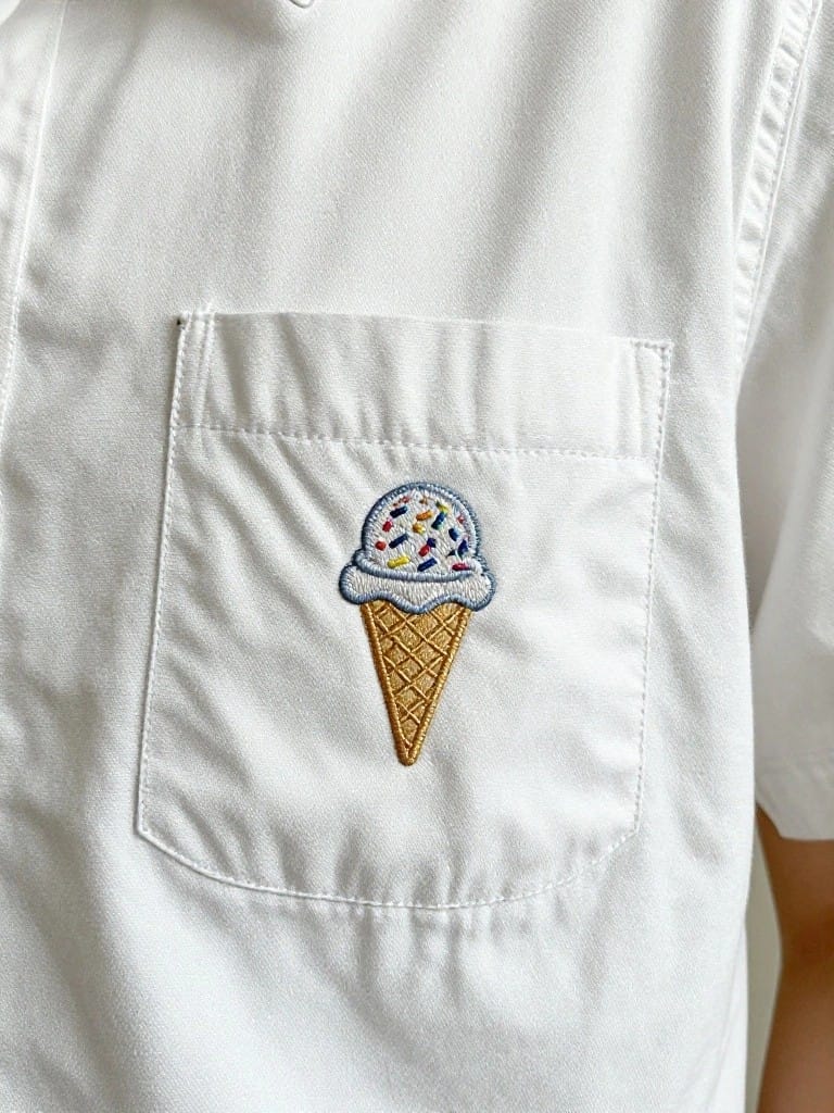 White short-sleeved button-up shirt with blue-outlined embroidered ice cream cone featuring multicolored sprinkles on the breast pocket.