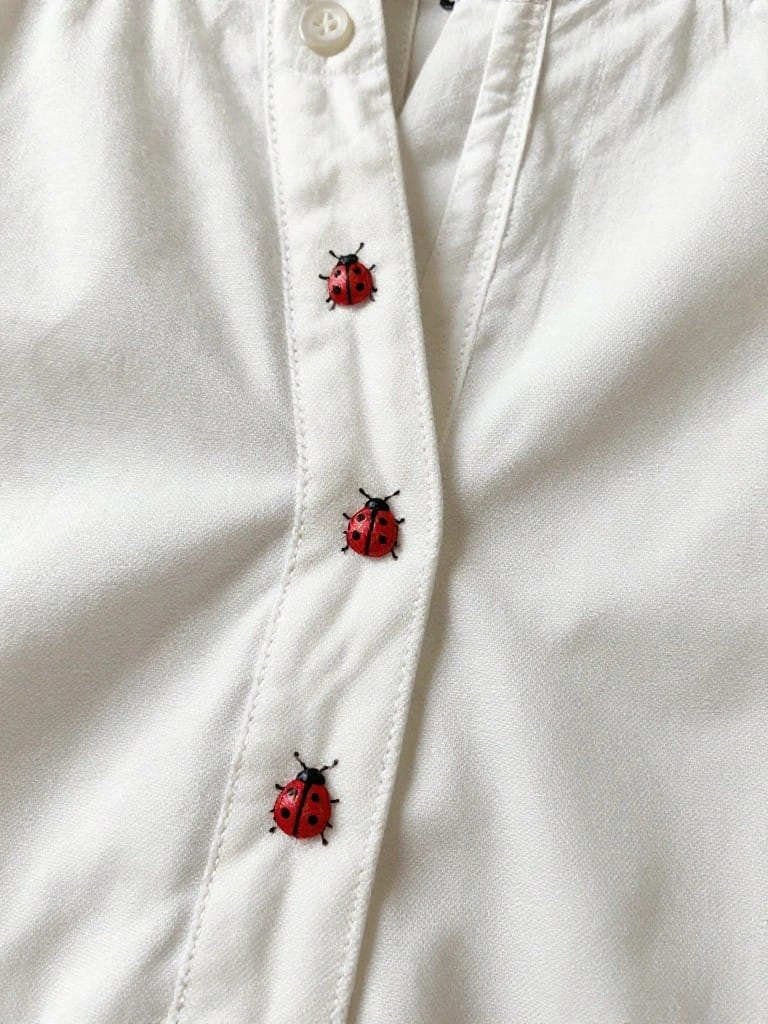 White shirt placket with red ladybugs embroidered next to the buttons.