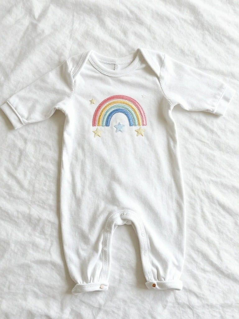 White long-sleeved baby onesie laid flat with multicolored embroidered rainbow and stars on the chest.