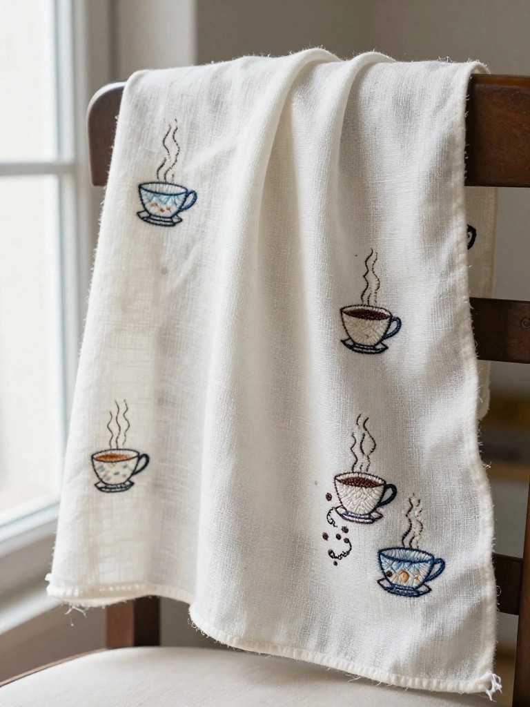 White tea towel embroidered with small coffee cups and steam draped over a wooden chair.