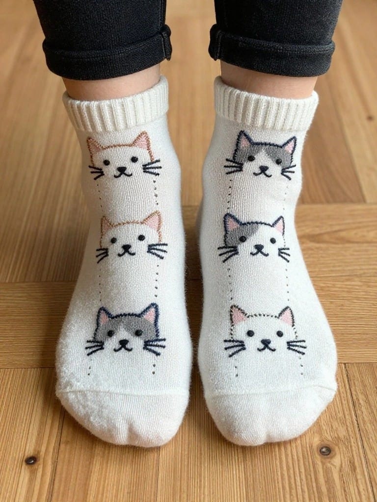 Pair of white ankle socks with four vertically stacked embroidered cat faces each in gray, white, and peach threads on a wooden floor.
