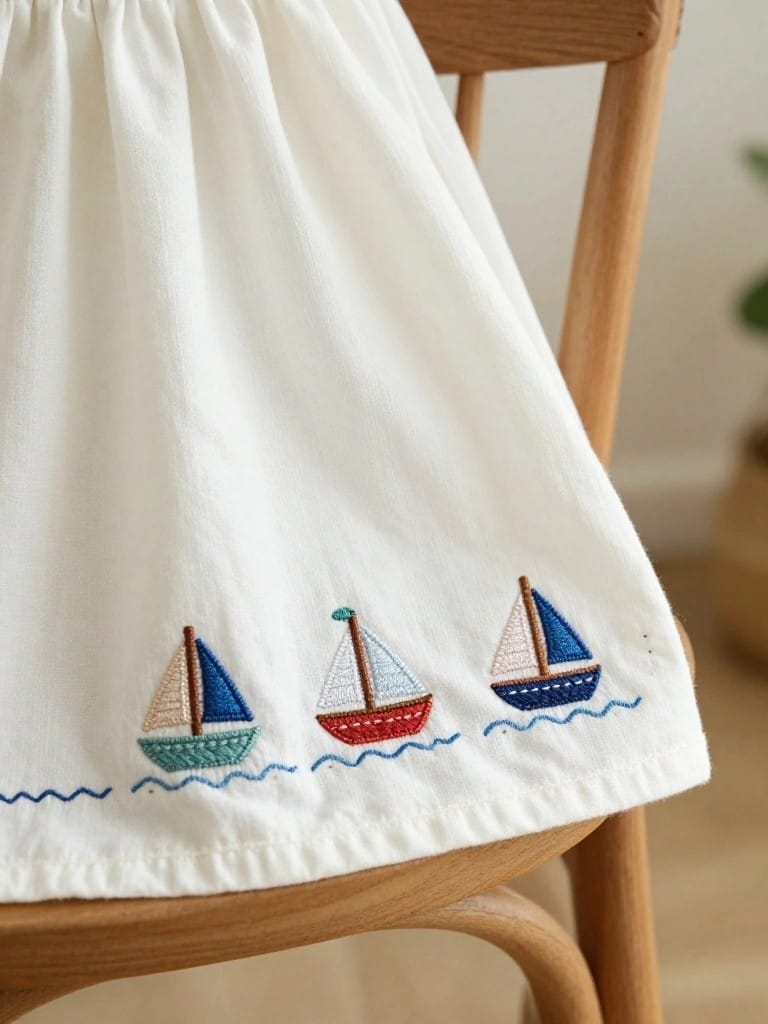 White gathered skirt embroidered with three small colorful sailboats on wavy blue lines along the hem, draped over a wooden chair.