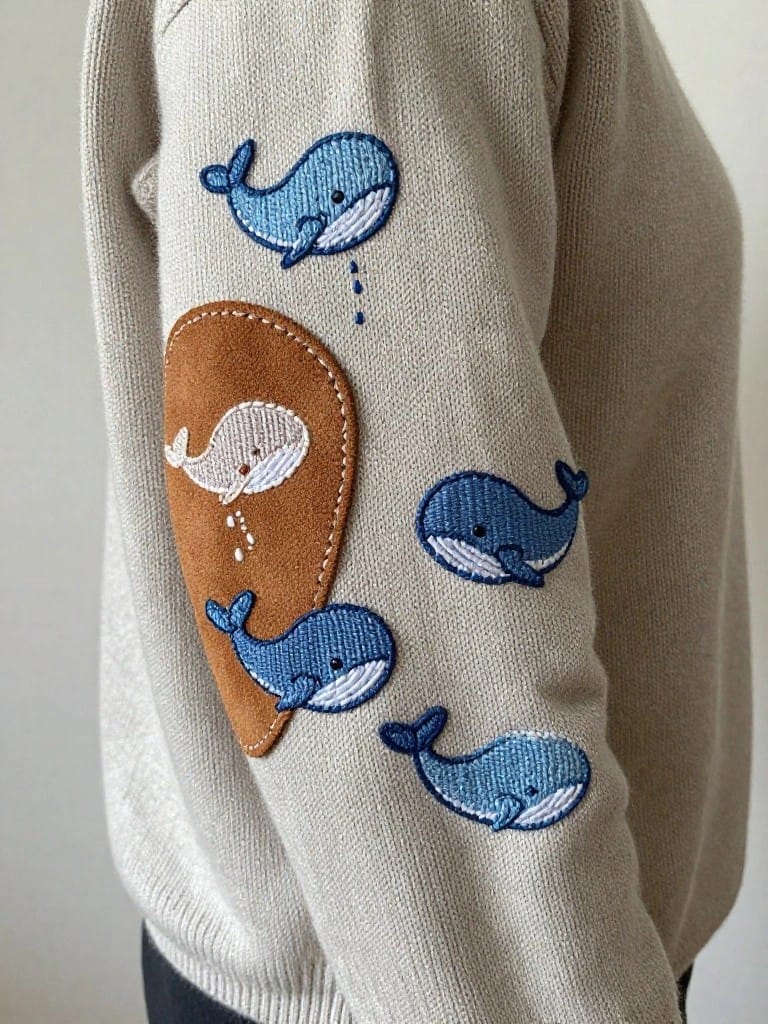 Beige knit sweater sleeve embroidered with blue whales clustered around a brown leather patch with a white whale.