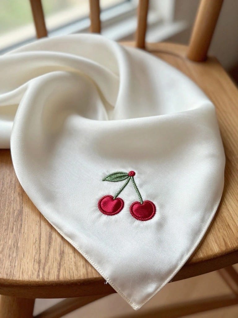 White silk scarf draped over a wooden chair arm with red embroidered cherries and green leaves near one corner.