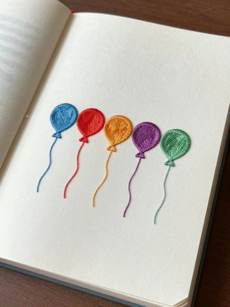 Open white journal on wooden table with row of five embroidered colorful balloons on the page.