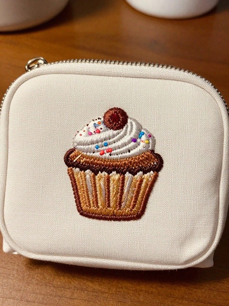White zippered pouch with embroidered cupcake featuring brown base, white frosting, sprinkles, and red cherry.