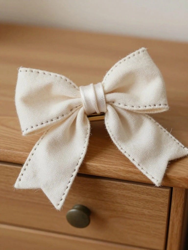 White fabric bow with visible edge stitching sits on a wooden dresser drawer.