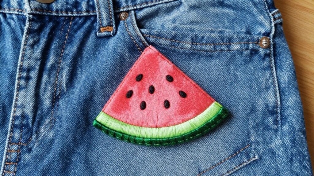 Back pocket of blue jeans with embroidered pink watermelon slice, black seeds, and green rind.