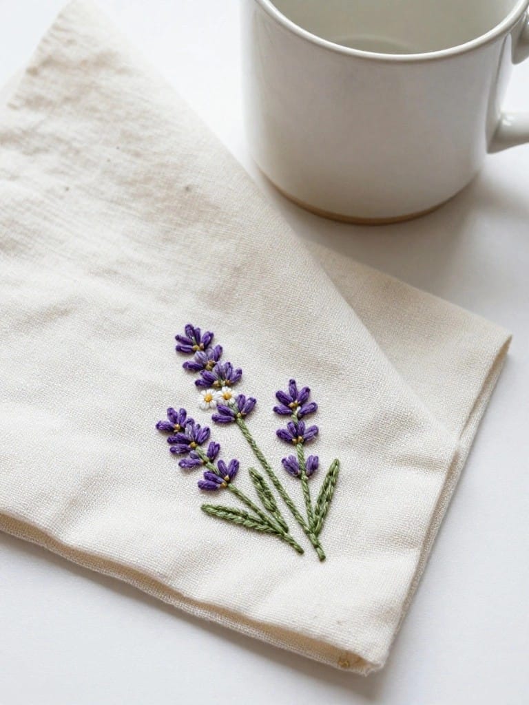White tea towel embroidered with two purple lavender sprigs and one daisy near a white mug.