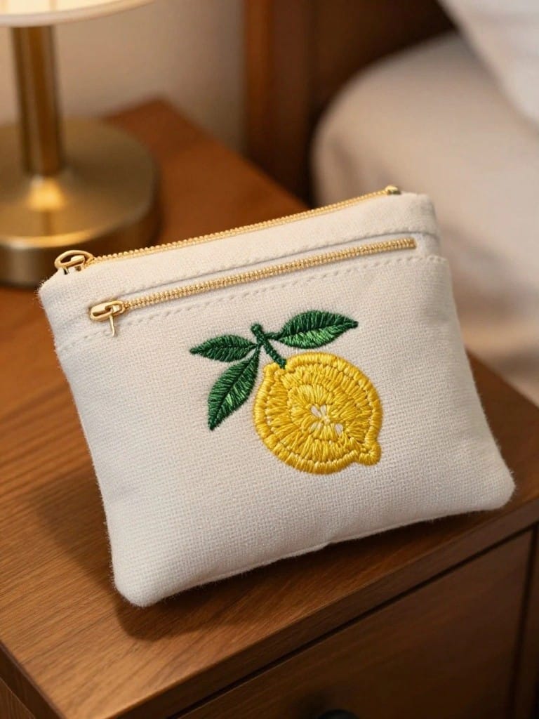 Small white canvas zipper pouch with yellow embroidered lemon and green leaf on front, placed on wooden nightstand near lamp and bed.