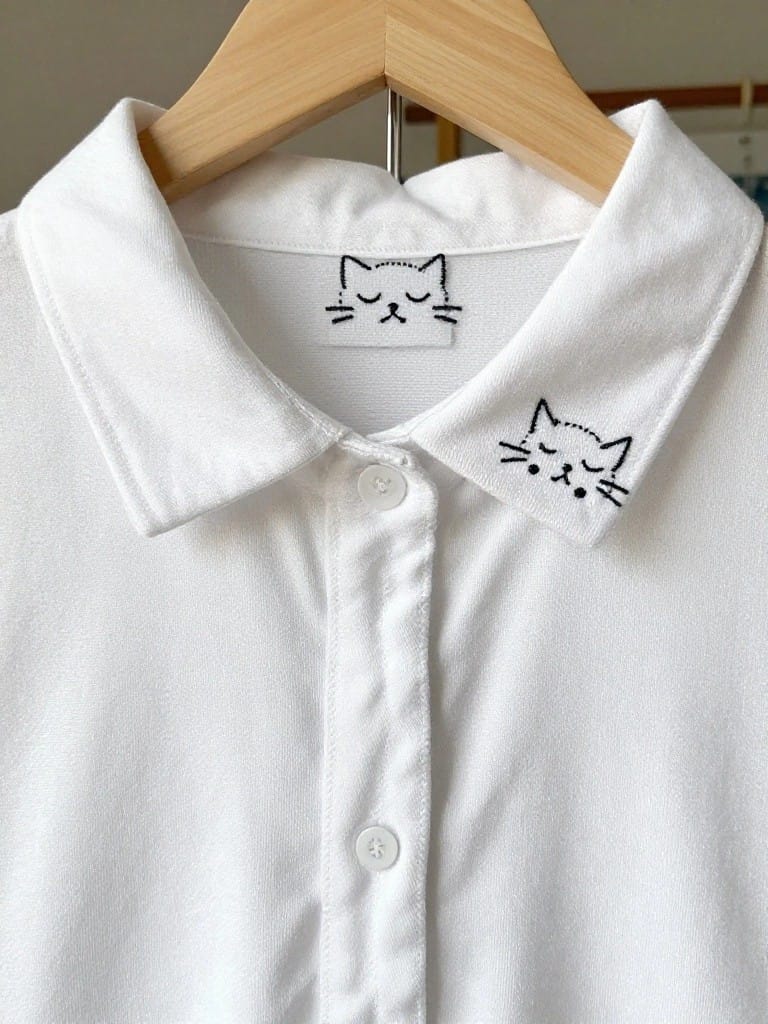 White collared shirt hanging on a wooden hanger with four small black embroidered cat faces on the collar.
