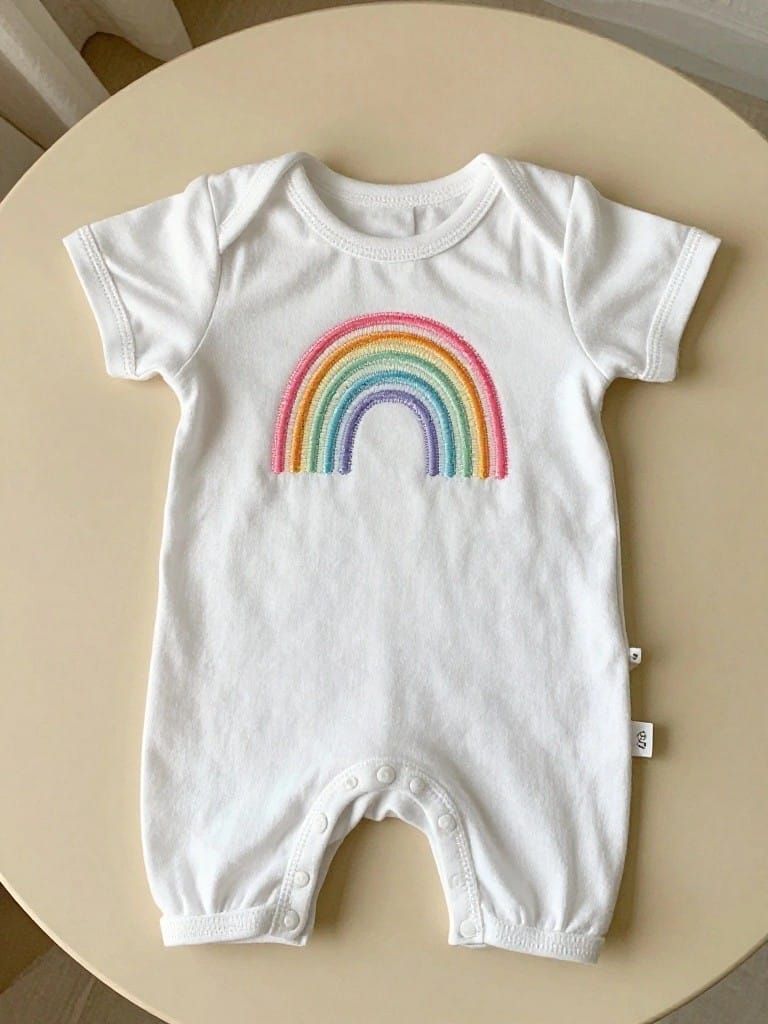 White short-sleeved baby onesie with a multicolored embroidered rainbow arch on the chest, laid flat on a light wooden table.