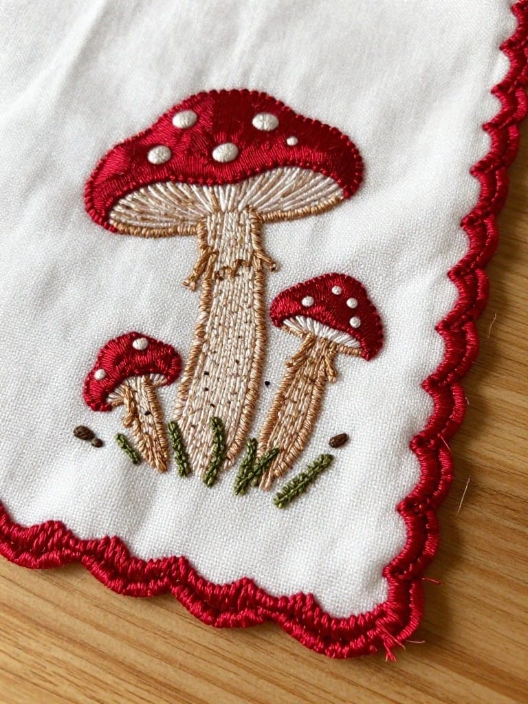 White square fabric napkin with red scalloped edges, embroidered with three red mushrooms capped with white spots on tan stems and green grass tufts.
