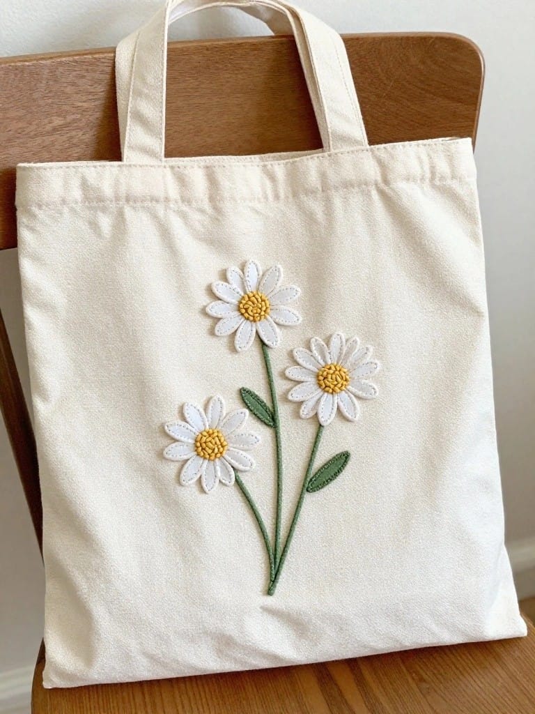 Cream canvas tote bag embroidered with three white daisies, yellow centers, and green stems on the front, draped over a wooden chair.
