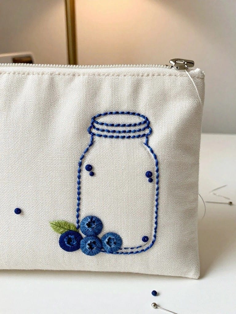 White zippered canvas pouch with blue embroidered outline of a mason jar containing blueberries, leaves, and dots on the front panel.
